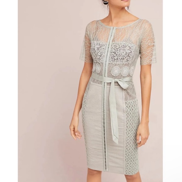 Anthropologie Byron Lars Carissima Gray Taupe Lace Tan Insert Sheath Dress 2P - Picture 1 of 4